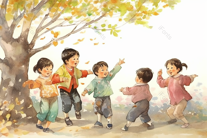 秋天树下小朋友玩游戏手绘图,插画/手绘图,插画/手绘图库,插画/手绘图下载,插画/手绘